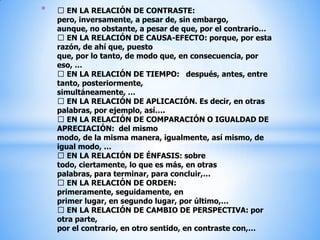  EN LA RELACIÓN DE CONTRASTE: pero, inversamente, a pesar de, sin embargo, aunque, no obstante, a pesar de que, por el contrario… EN LA RELACIÓN DE CAUSA-EFECTO: porque, por esta razón, de ahí que, puesto que, por lo tanto, de modo que, en consecuencia, por eso, … EN LA RELACIÓN DE TIEMPO:   después, antes, entre tanto, posteriormente, simultáneamente, … EN LA RELACIÓN DE APLICACIÓN. Es decir, en otras palabras, por ejemplo, así…. EN LA RELACIÓN DE COMPARACIÓN O IGUALDAD DE APRECIACIÓN:  del mismo modo, de la misma manera, igualmente, así mismo, de igual modo, … EN LA RELACIÓN DE ÉNFASIS: sobre todo, ciertamente, lo que es más, en otras palabras, para terminar, para concluir,… EN LA RELACIÓN DE ORDEN: primeramente, seguidamente, en primer lugar, en segundo lugar, por último,… EN LA RELACIÓN DE CAMBIO DE PERSPECTIVA: por otra parte, por el contrario, en otro sentido, en contraste con,…