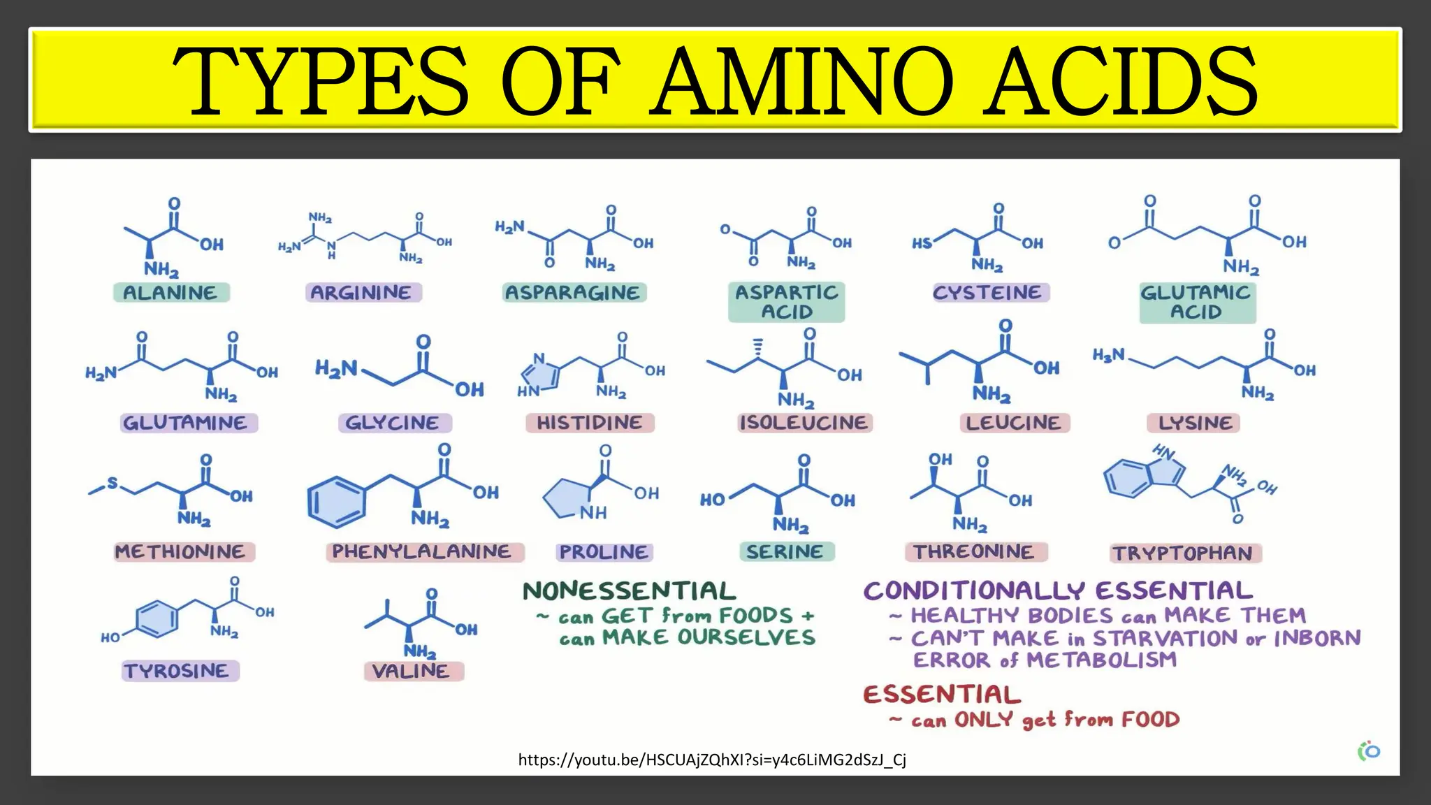 TYPES OF AMINO ACIDS
https://youtu.be/HSCUAjZQhXI?si=y4c6LiMG2dSzJ_Cj
 