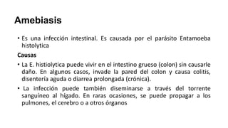 Amebiasis
• Es una infección intestinal. Es causada por el parásito Entamoeba
histolytica
Causas
• La E. histiolytica puede vivir en el intestino grueso (colon) sin causarle
daño. En algunos casos, invade la pared del colon y causa colitis,
disentería aguda o diarrea prolongada (crónica).
• La infección puede también diseminarse a través del torrente
sanguíneo al hígado. En raras ocasiones, se puede propagar a los
pulmones, el cerebro o a otros órganos
 