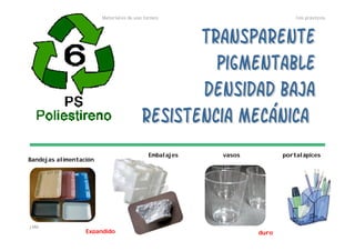 Materiales de uso técnico los plásticos
jMM
Bandejas alimentación
Embalajes vasos portalápices
Expandido duro
 