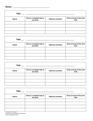 Columbus City Schools
Curriculum Leadership and Development
Science Department 2014
Name: _____________________________________
Task ___ _________________________________________________
Name
Time to complete task in
seconds
Distance traveled
Time to travel to the next
task
Task ___ _________________________________________________
Name
Time to complete task in
seconds
Distance traveled
Time to travel to the next
task
Task ___ _________________________________________________
Name
Time to complete task in
seconds
Distance traveled
Time to travel to the next
task
Task ___ _________________________________________________
Name
Time to complete task in
seconds
Distance traveled
Time to travel to the next
task
 