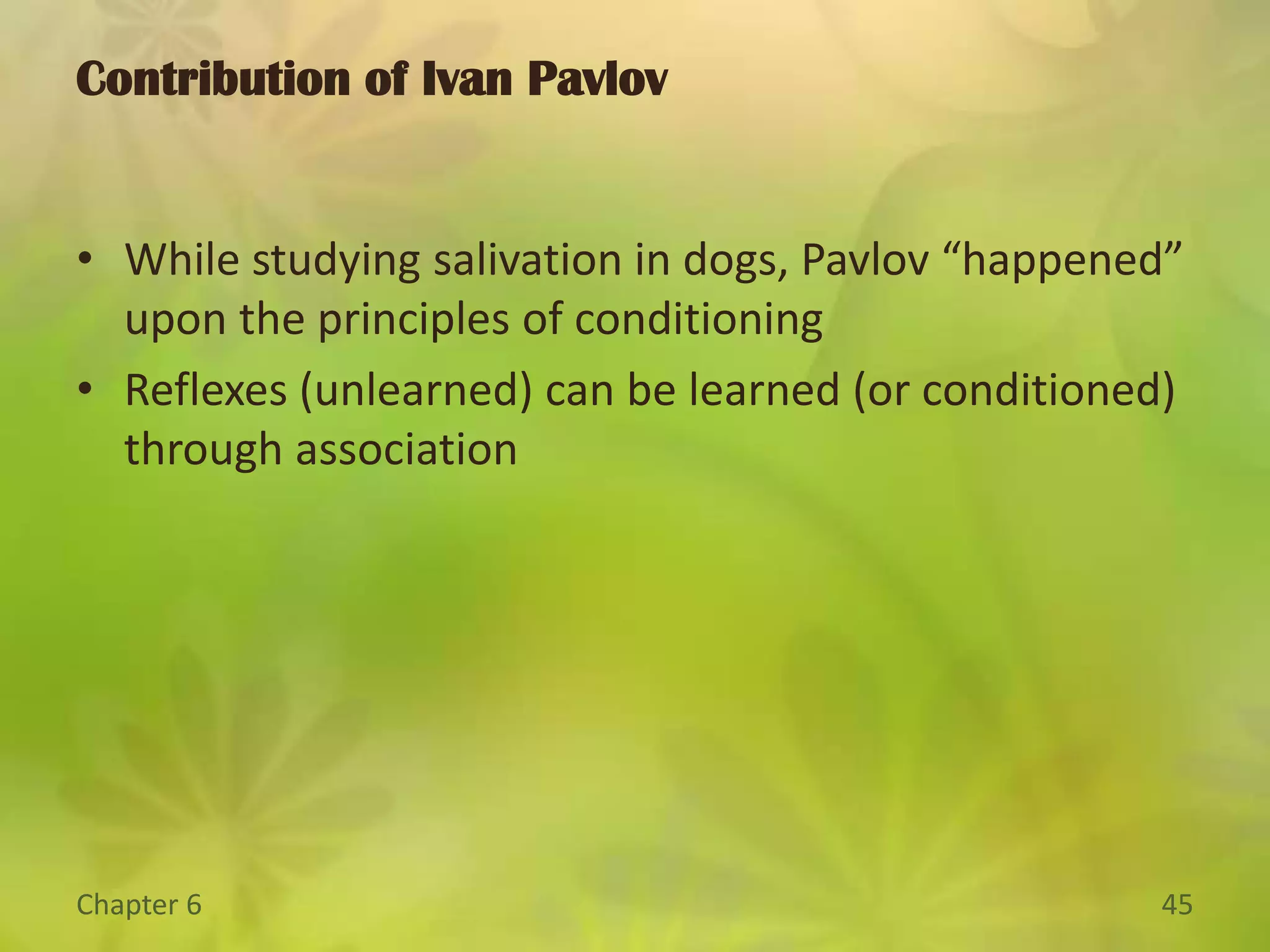 Classical ConditioningFigure 6.3Learning and Extinction Curves. Actual data from Pavlov (1927) compose the jagged line, and the curved lines are idealized. In the acquisition phase, a dog salivates (shows a CR) in response to a bell (CS) after a few trials in which the bell is paired with meat powder (the US). Afterward, the CR is extinguished in about ten trials during which the CS is not followed by the US. After a rest period, the CR recovers spontaneously. A second series of extinction trials leads to more rapid extinction of the CR.