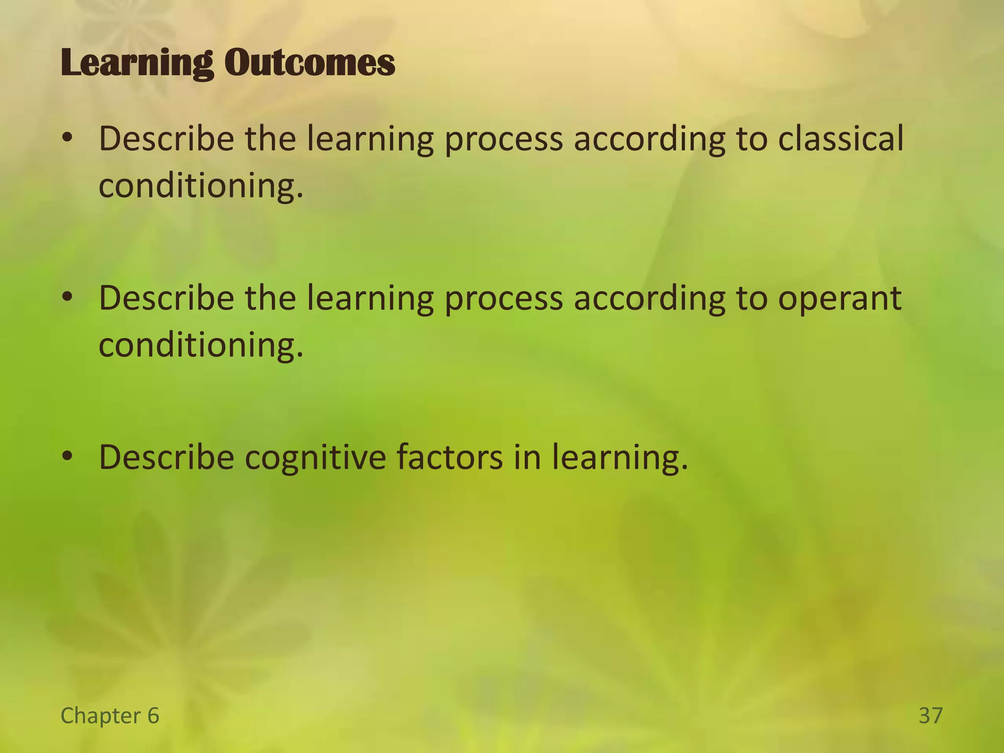 Definition:Learning is a relatively permanent change in behavior that arises from practice or experience.According to cognitive psychologists, learning may be a mental change that may not be associated with changes in behavior.Learning is demonstrated by changes in behavior, but learning itself is a mental process.Learning