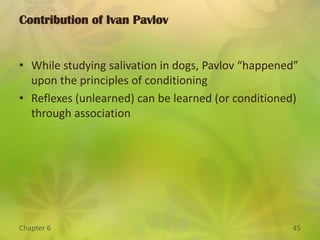 Classical ConditioningFigure 6.3Learning and Extinction Curves. Actual data from Pavlov (1927) compose the jagged line, and the curved lines are idealized. In the acquisition phase, a dog salivates (shows a CR) in response to a bell (CS) after a few trials in which the bell is paired with meat powder (the US). Afterward, the CR is extinguished in about ten trials during which the CS is not followed by the US. After a rest period, the CR recovers spontaneously. A second series of extinction trials leads to more rapid extinction of the CR.