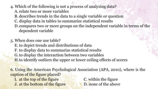 4. Which of the following is not a process of analyzing data?
A. relate two or more variables
B. describes trends in the data to a single variable or question
C. display data in tables to summarize statistical results
D.compares two or more groups on the independent variable in terms of the
dependent variable
5. When does one use table?
E. to depict trends and distributions of data
F. to display data to summarize statistical results
G.to display the interaction between two variables
H.to identify outliers the upper or lower ceiling effects of scores
6. Using the American Psychological Association (APA, 2010), where is the
caption of the figure placed?
I. at the top of the figure C. within the figure
J. at the bottom of the figure D. none of the above
 