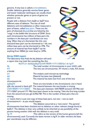 genome. A tiny loss is called a microdeletion.
Smaller deletions generally remove fewer genes
and newer molecular techniques can usually show
whether particular genes or parts of genes are
present or not.
People with a deletion from 6q26 or 6q27 have
different sizes of deletion. The size of small
deletions and microdeletions is often measured in
pairs of bases, called base pairs. These are the
pairs of chemicals [bases] that are linked by the
‘rungs’ in the ladder-like structure of DNA. Since
each chromosome has millions of base pairs the
numbers in the base pair coordinates are very
long. Often they are shortened, like this: one
thousand base pairs can be shortened to 1 kb; one
million base pairs can be shortened to 1Mb. The
amount of material lost from 6q26-7 can be
anything from 500kb [or even less] to 13Mb.

Array CGH report
The laboratory that finds the 6q deletion will send
a report that may look like something like this:
             46,XY.arr del(6)(q26q27)(164178309->171115067)x1 dn hg19
46                            The total number of chromosomes in your child’s cells
XY                            The two sex chromosomes: XY shows a male; XX shows
a female
arr                           The analysis used microarray technology
del                           Material has been lost [deleted]
(6)                           The material has been lost from one of the two
chromosome 6s
(q26q27)                      There are two breaks in the chromosome: one in band
q26, the second in band q27. The material between the two breaks is missing
(164178309->171115067) The base pairs between 164178309 (around 164 Mb) and
171115067 (around 171 Mb) have been shown to be missing. Take the first long number
from the second and you get 6,936,758. This is the number of base pairs that are
missing.
x1 means there is just one copy of these base pairs, not two – one on each
chromosome 6 – as you would expect.
dn                            The deletion occurred as a ‘new event’. The parents’
chromosomes have been checked and no deletion or other relevant change found at
6q26-7. The deletion is then very unlikely to be inherited so any possibility of the
parents having another child with the deletion is very small.
hg 19                         This refers to the version of the human genome [all the
chromosomes] used. Currently the latest version is hg19. In older versions the base
pair coordinates may be different.

                                                                                   3
 