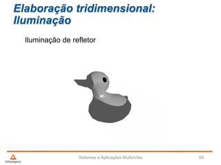 Elaboração tridimensional:
Iluminação
Iluminação de refletor
Sistemas e Aplicações Multimídia 59
 