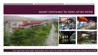 ‫לשכונות‬ ‫האוניברסיטה‬ ‫של‬ ‫הפתוח‬ ‫המרחב‬ ‫פתיחת‬
‫ציבור‬ ‫ומבני‬ ‫פתוח‬ ‫ציבורי‬ ‫לשטח‬ ‫מענה‬ ‫וספקים‬ ‫הרחב‬ ‫הציבור‬ ‫אל‬ ‫נפתחים‬ ‫האקדמיה‬ ‫מוסדות‬ ‫בתחום‬ ‫ופתוחים‬ ‫בנויים‬ ‫חללים‬
 