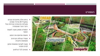 ‫הספורט‬

‫ונבנים‬ ‫מתוכננים‬ ‫אלה‬ ‫בימים‬
‫במקביל‬20‫ספורט‬ ‫מרכזי‬
‫בכל‬ ‫חברתית‬ ‫תרבותית‬ ‫ופעילות‬
‫ושכונותיה‬ ‫העיר‬ ‫רחבי‬
‫לשעות‬ ‫מענה‬ ‫מספק‬ ‫הספורט‬
‫הפנאי‬
‫הנפש‬ ‫את‬ ‫ומרומם‬ ‫משמח‬
‫חברתית‬ ‫פעילות‬ ‫מעודד‬
‫וחיובית‬ ‫משותפת‬
‫מחוץ‬ ‫ממושכת‬ ‫לשהות‬ ‫מענה‬
‫הפרטי‬ ‫לבית‬
‫הגילאים‬ ‫לכל‬ ‫מתאים‬
 