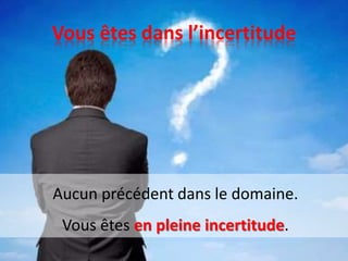 Vous êtes dans l’incertitude
Aucun précédent dans le domaine.
Vous êtes en pleine incertitude.
 