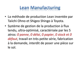 • La méthode de production Lean inventée par
Taiichi Ohno et Shigeo Shingo à Toyota.
• Système de gestion de la production à flux
tendu, ultra-optimisé, caractérisée par les 5
zéros: 0 panne, 0 délai, 0 papier, 0 stock et 0
défaut, travail en très petite série, fabrication
à la demande, interdit de poser une pièce sur
le sol.
 