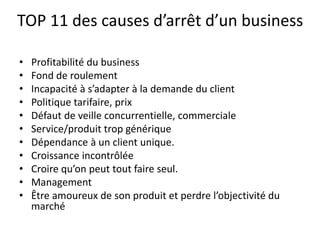 TOP 11 des causes d’arrêt d’un business
• Profitabilité du business
• Fond de roulement
• Incapacité à s’adapter à la demande du client
• Politique tarifaire, prix
• Défaut de veille concurrentielle, commerciale
• Service/produit trop générique
• Dépendance à un client unique.
• Croissance incontrôlée
• Croire qu’on peut tout faire seul.
• Management
• Être amoureux de son produit et perdre l’objectivité du
marché
 