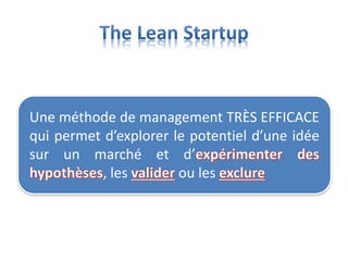 Une méthode de management TRÈS EFFICACE
qui permet d’explorer le potentiel d’une idée
sur un marché et d’
, les ou les
 