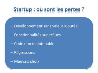 – Développement sans valeur ajoutée
– Fonctionnalités superflues
– Code non maintenable
– Régressions
– Mauvais choix
 