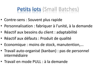 (Small Batches)
• Contre-sens : Souvent plus rapide
• Personnalisation : fabriquer à l’unité, à la demande
• Réactif aux besoins du client : adaptabilité
• Réactif aux défauts : Produit de qualité
• Economique : moins de stock, manutention,...
• Travail auto-organisé (kanban) : pas de personnel
intermédiaire
• Travail en mode PULL : à la demande
 