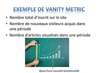 • Nombre total d’inscrit sur le site
• Nombre de nouveaux visiteurs acquis dans
une période
• Nombre d’articles visualisés dans une période
Ajout d’une nouvelle fonctionnalité
 
