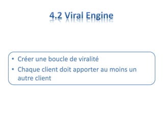 • Créer une boucle de viralité
• Chaque client doit apporter au moins un
autre client
 