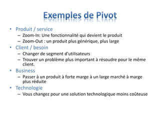 • Produit / service
– Zoom-In: Une fonctionnalité qui devient le produit
– Zoom-Out : un produit plus générique, plus large
• Client / besoin
– Changer de segment d’utilisateurs
– Trouver un problème plus important à résoudre pour le même
client.
• Business
– Passer à un produit à forte marge à un large marché à marge
plus réduite
• Technologie
– Vous changez pour une solution technologique moins coûteuse
 