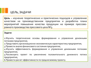 ЦЕЛЬ, ЗАДАЧИ
Задачи:
1.Изучить теоретические основы формирования и управления денежными
потоками предприятия;
2.Представить организационно-экономическую характеристику предприятия;
3.Провести анализ финансового состояния предприятия;
4.Изучить эффективность формирования и управления денежными потоками
предприятия;
5.Рассмотреть проект по увеличению положительного денежного потока
предприятия;
6.Провести расчет эффективности по предлагаемому проекту.
2
Цель – изучение теоретических и практических подходов к управлению
качеством на производственном предприятии и разработка плана
мероприятий повышения качества продукции на примере прессово-
рамного производства прессового цеха №3.
 