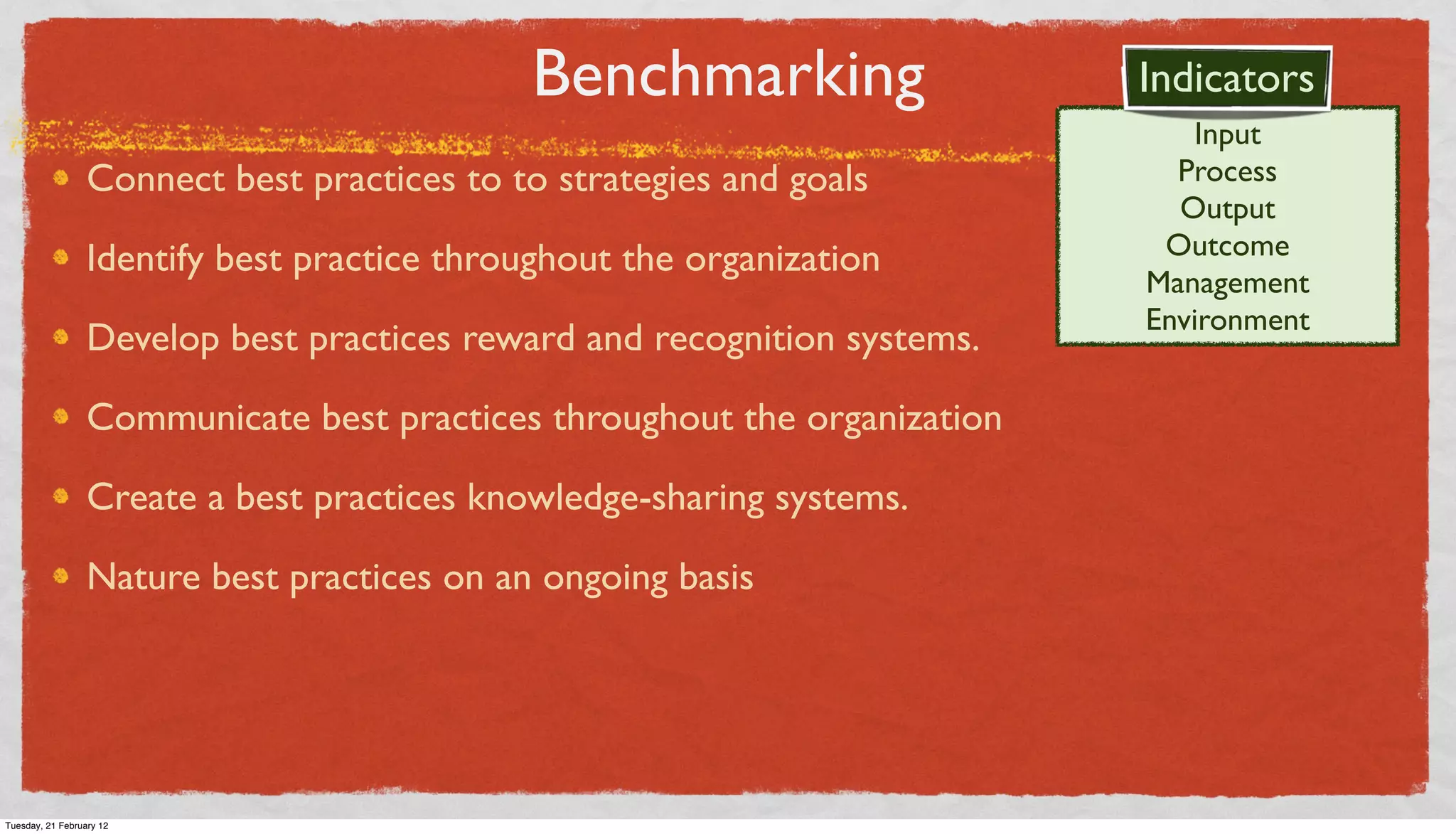 Benchmarking
Connect best practices to to strategies and goals
Identify best practice throughout the organization
Develop best practices reward and recognition systems.
Communicate best practices throughout the organization
Create a best practices knowledge-sharing systems.
Nature best practices on an ongoing basis

Tuesday, 21 February 12

Indicators
Input
Process
Output
Outcome
Management
Environment

 