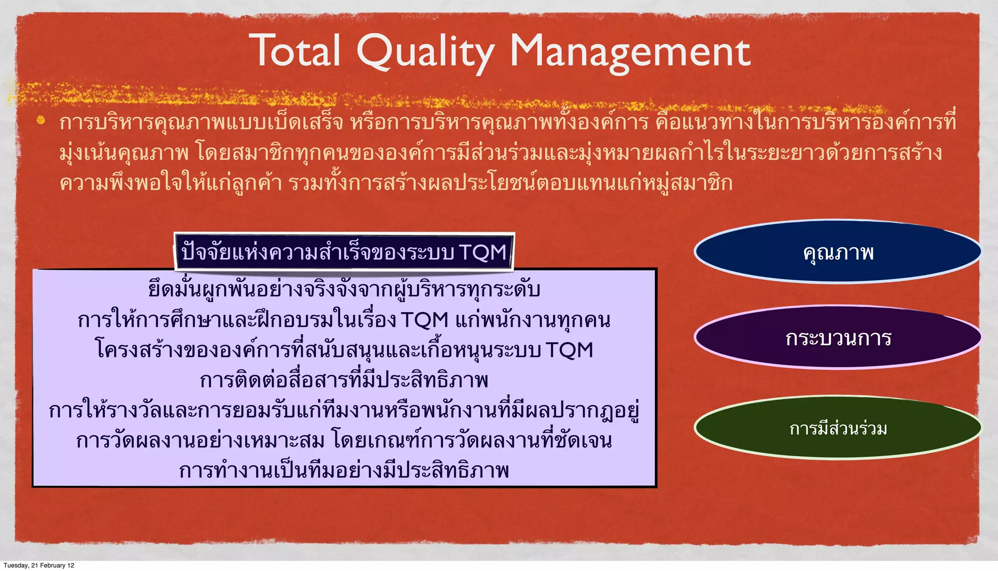 Total Quality Management
การบริหารคุณภาพแบบเบ็ดเสร็จ หรือการบริหารคุณภาพทั้งองค์การ คือแนวทางในการบริหารองค์การที่
มุ่งเน้นคุณภาพ โดยสมาชิกทุกคนขององค์การมีส่วนร่วมและมุ่งหมายผลกําไรในระยะยาวด้วยการสร้าง
ความพึงพอใจให้แก่ลูกค้า รวมทั้งการสร้างผลประโยชน์ตอบแทนแก่หมู่สมาชิก
ปัจจัยแห่งความสําเร็จของระบบ TQM
ยึดมั่นผูกพันอย่างจริงจังจากผู้บริหารทุกระดับ
การให้การศึกษาและฝึกอบรมในเรื่อง TQM แก่พนักงานทุกคน
โครงสร้างขององค์การที่สนับสนุนและเกื้อหนุนระบบ TQM
การติดต่อส่ื่อสารที่มีประสิทธิภาพ
การให้รางวัลและการยอมรับแก่ทีมงานหรือพนักงานที่มีผลปรากฎอยู่
การวัดผลงานอย่างเหมาะสม โดยเกณฑ์การวัดผลงานที่ชัดเจน
การทํางานเป็นทีมอย่างมีประสิทธิภาพ

Tuesday, 21 February 12

คุณภาพ

กระบวนการ

การมีส่วนร่วม

 