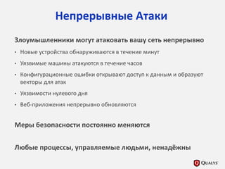 Непрерывные Атаки
Злоумышленники могут атаковать вашу сеть непрерывно
• Новые устройства обнаруживаются в течение минут
• Уязвимые машины атакуются в течение часов
• Конфигурационные ошибки открывают доступ к данным и образуют
векторы для атак
• Уязвимости нулевого дня
• Веб-приложения непрерывно обновляются
Меры безопасности постоянно меняются
Любые процессы, управляемые людьми, ненадёжны
 