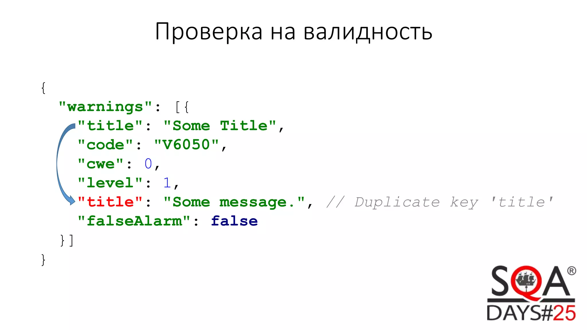 Проверка на валидность
{
"warnings": [{
"title": "Some Title",
"code": "V6050",
"cwe": 0,
"level": 1,
"title": "Some message.", // Duplicate key 'title'
"falseAlarm": false
}]
}
 