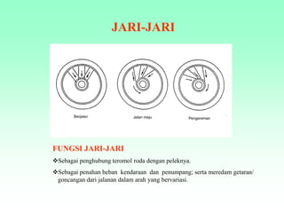 FUNGSI JARI-JARI
Sebagai penghubung teromol roda dengan peleknya.
Sebagai penahan beban kendaraan dan penumpang; serta meredam getaran/
goncangan dari jalanan dalam arah yang bervariasi.
JARI-JARI
 