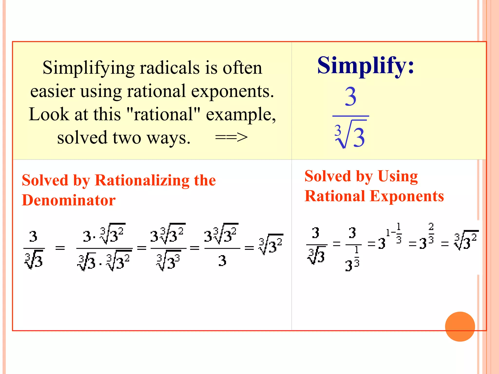 Simplifying radicals is often                       Simplify:              


easier using rational exponents.                       3     
Look at this "rational" example,
                                                        3
   solved two ways.     ==>
                           
                                                            3
Solved by Rationalizing the                         Solved by Using
Denominator                                         Rational Exponents

                                                                                    
 