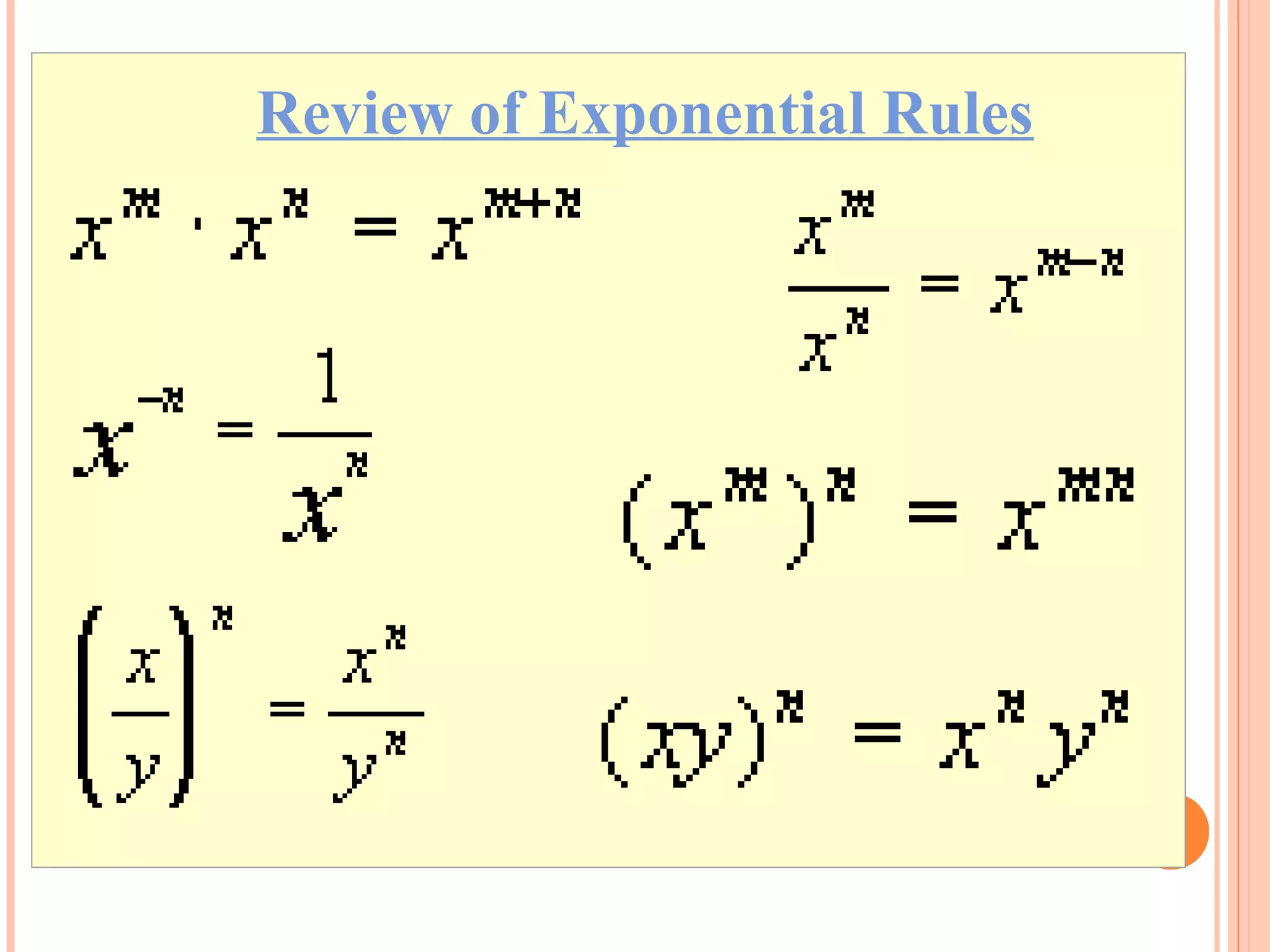 Review of Exponential Rules

                  

                         
                       
                       
                         
                         
                       
 