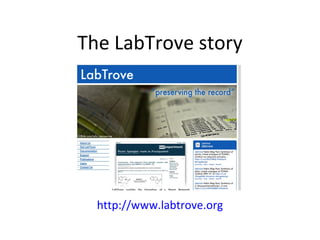 The LabTrove story




  http://www.labtrove.org
 