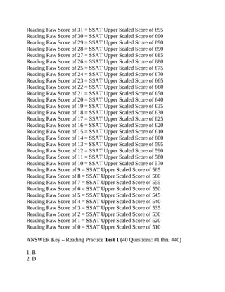 Reading Raw Score of 31 = SSAT Upper Scaled Score of 695
Reading Raw Score of 30 = SSAT Upper Scaled Score of 690
Reading Raw Score of 29 = SSAT Upper Scaled Score of 690
Reading Raw Score of 28 = SSAT Upper Scaled Score of 690
Reading Raw Score of 27 = SSAT Upper Scaled Score of 685
Reading Raw Score of 26 = SSAT Upper Scaled Score of 680
Reading Raw Score of 25 = SSAT Upper Scaled Score of 675
Reading Raw Score of 24 = SSAT Upper Scaled Score of 670
Reading Raw Score of 23 = SSAT Upper Scaled Score of 665
Reading Raw Score of 22 = SSAT Upper Scaled Score of 660
Reading Raw Score of 21 = SSAT Upper Scaled Score of 650
Reading Raw Score of 20 = SSAT Upper Scaled Score of 640
Reading Raw Score of 19 = SSAT Upper Scaled Score of 635
Reading Raw Score of 18 = SSAT Upper Scaled Score of 630
Reading Raw Score of 17 = SSAT Upper Scaled Score of 625
Reading Raw Score of 16 = SSAT Upper Scaled Score of 620
Reading Raw Score of 15 = SSAT Upper Scaled Score of 610
Reading Raw Score of 14 = SSAT Upper Scaled Score of 600
Reading Raw Score of 13 = SSAT Upper Scaled Score of 595
Reading Raw Score of 12 = SSAT Upper Scaled Score of 590
Reading Raw Score of 11 = SSAT Upper Scaled Score of 580
Reading Raw Score of 10 = SSAT Upper Scaled Score of 570
Reading Raw Score of 9 = SSAT Upper Scaled Score of 565
Reading Raw Score of 8 = SSAT Upper Scaled Score of 560
Reading Raw Score of 7 = SSAT Upper Scaled Score of 555
Reading Raw Score of 6 = SSAT Upper Scaled Score of 550
Reading Raw Score of 5 = SSAT Upper Scaled Score of 545
Reading Raw Score of 4 = SSAT Upper Scaled Score of 540
Reading Raw Score of 3 = SSAT Upper Scaled Score of 535
Reading Raw Score of 2 = SSAT Upper Scaled Score of 530
Reading Raw Score of 1 = SSAT Upper Scaled Score of 520
Reading Raw Score of 0 = SSAT Upper Scaled Score of 510
ANSWER Key – Reading Practice Test 1 (40 Questions: #1 thru #40)
1. B
2. D
 