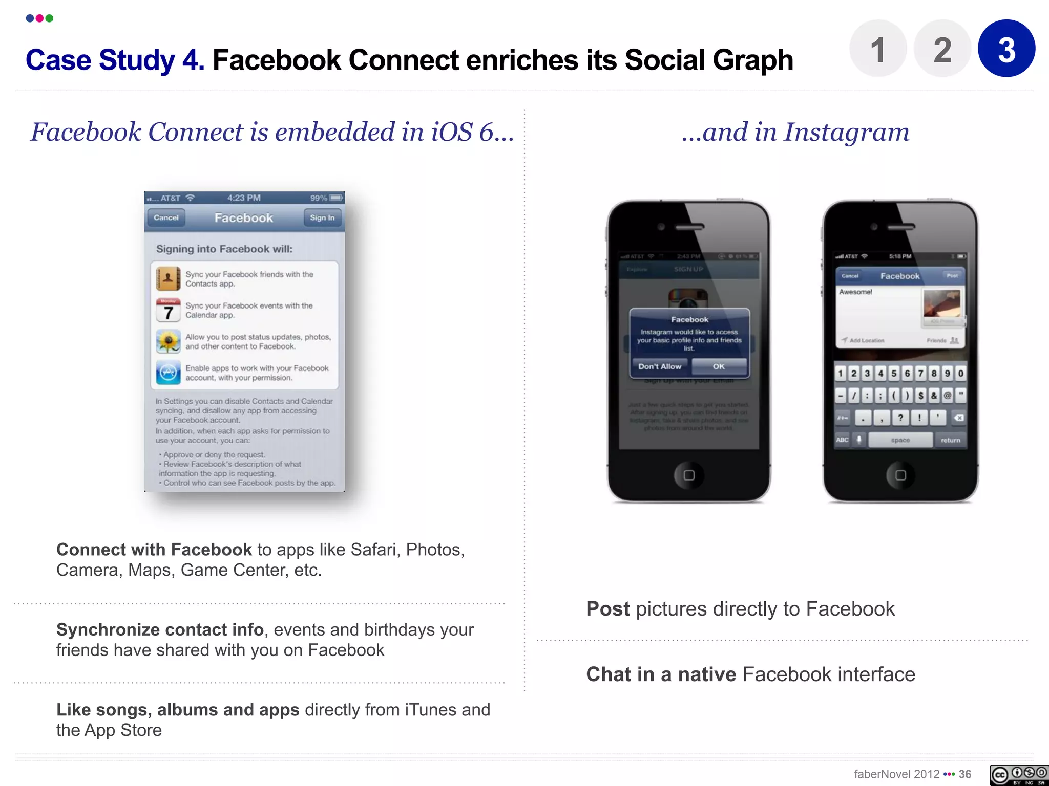 •••
Case Study 4. Facebook Connect enriches its Social Graph                                    1           2          3

Facebook Connect is embedded in iOS 6…                                 …and in Instagram




      Connect with Facebook to apps like Safari, Photos,
      Camera, Maps, Game Center, etc.

                                                             Post pictures directly to Facebook
      Synchronize contact info, events and birthdays your
      friends have shared with you on Facebook
                                                             Chat in a native Facebook interface
      Like songs, albums and apps directly from iTunes and
      the App Store

                                                                                          faberNovel 2012 ••• 36
 