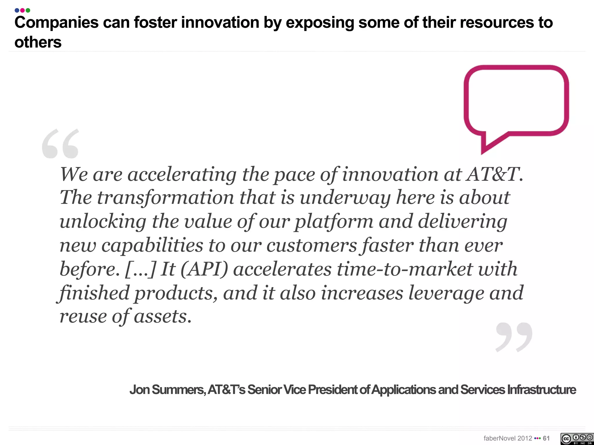 •••
Companies can foster innovation by exposing some of their resources to
others




      We are accelerating the pace of innovation at AT&T.
      The transformation that is underway here is about
      unlocking the value of our platform and delivering
      new capabilities to our customers faster than ever
      before. […] It (API) accelerates time-to-market with
      finished products, and it also increases leverage and
      reuse of assets.


              Jon Summers, AT&T’s Senior Vice President of Applications and Services Infrastructure


                                                                                 faberNovel 2012 ••• 61
 