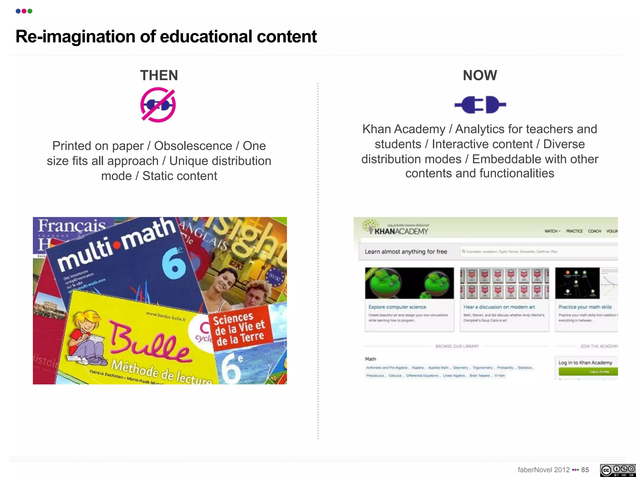 •••
Re-imagination of educational content

                        THEN                                           NOW


                                                     Khan Academy / Analytics for teachers and
       Printed on paper / Obsolescence / One            students / Interactive content / Diverse
      size fits all approach / Unique distribution   distribution modes / Embeddable with other
                  mode / Static content                       contents and functionalities




                                                                                 faberNovel 2012 ••• 85
 