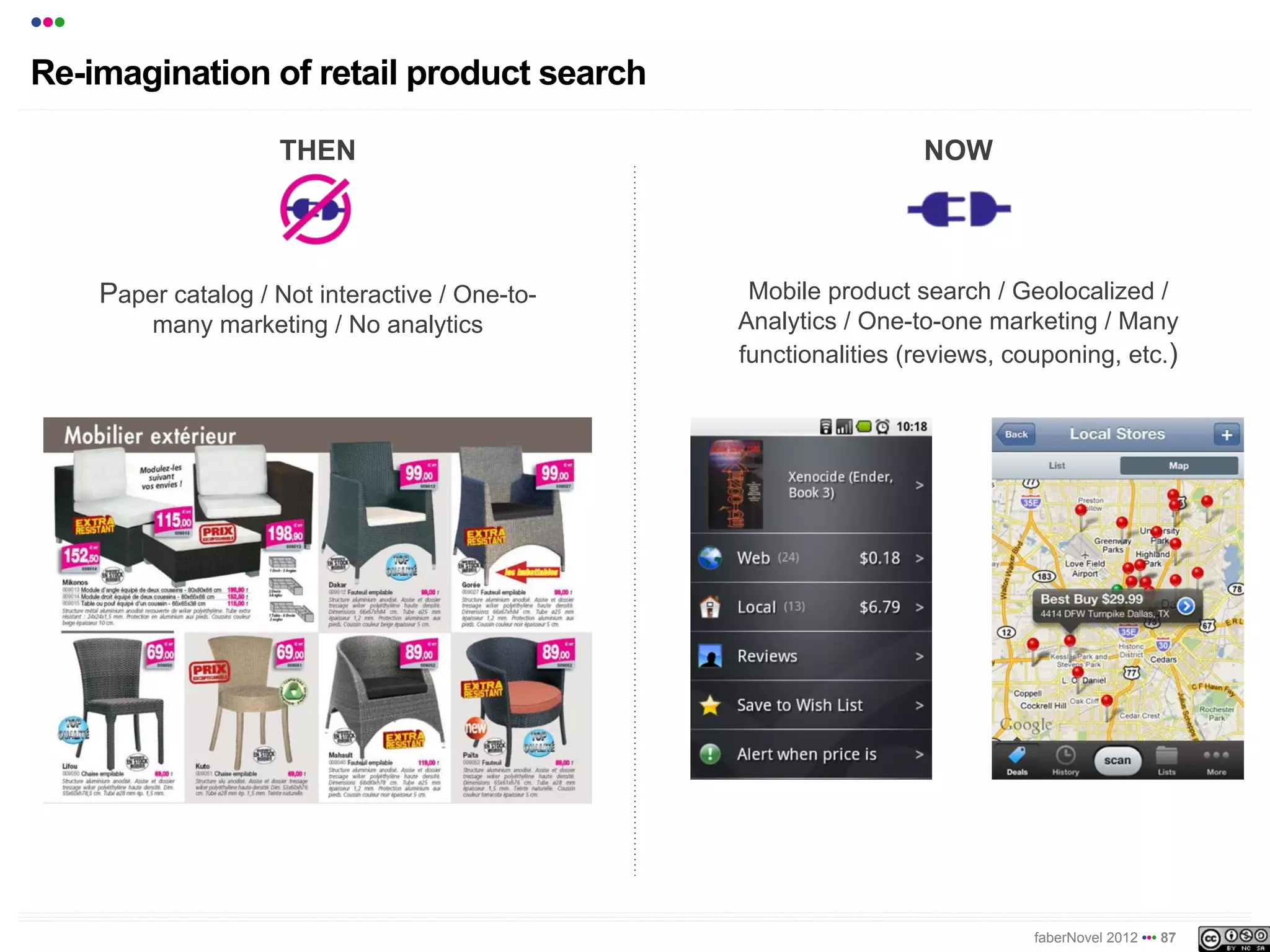 •••
Re-imagination of retail product search

                      THEN                                         NOW




      Paper catalog / Not interactive / One-to-    Mobile product search / Geolocalized /
           many marketing / No analytics          Analytics / One-to-one marketing / Many
                                                  functionalities (reviews, couponing, etc.)




                                                                              faberNovel 2012 ••• 87
 