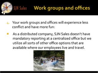 4.  Your	
  work	
  groups	
  and	
  oﬃces	
  will	
  experience	
  less	
  
    conﬂict	
  and	
  have	
  more	
  fun:	
  	
  
¡  As	
  a	
  distributed	
  company,	
  SJN	
  Sales	
  doesn’t	
  have	
  
    mandatory	
  reporting	
  at	
  a	
  centralized	
  oﬃce	
  but	
  we	
  
    utilize	
  all	
  sorts	
  of	
  other	
  oﬃce	
  options	
  that	
  are	
  
    available	
  where	
  our	
  employees	
  live	
  and	
  travel.	
  	
  
 