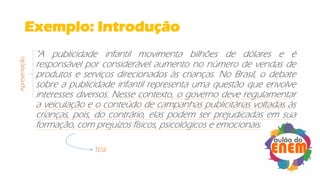 Exemplo: Introdução
"A publicidade infantil movimenta bilhões de dólares e é
responsável por considerável aumento no número de vendas de
produtos e serviços direcionados às crianças. No Brasil, o debate
sobre a publicidade infantil representa uma questão que envolve
interesses diversos. Nesse contexto, o governo deve regulamentar
a veiculação e o conteúdo de campanhas publicitárias voltadas às
crianças, pois, do contrário, elas podem ser prejudicadas em sua
formação, com prejuízos físicos, psicológicos e emocionais.
Apresentação
TESE
 