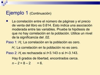  La correlación entre el número de páginas y el precio
de venta del libro es 0.614. Esto indica una asociación
moderada entre las variables. Pruebe la hipótesis de
que no hay correlación en la población. Utilice un nivel
de la significancia del .02.
Paso 1: H0: La correlación en la población es cero.
H1: La correlación en la población no es cero.
Paso 2: H0 es rechazada si t>3.143 o si t<-3.143.
Hay 6 grados de libertad, encontrados cerca.
n – 2 = 8 – 2 = 6.
Ejemplo 1 (Continuación)
 
