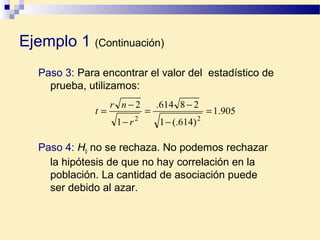 Paso 3: Para encontrar el valor del estadístico de
prueba, utilizamos:
Paso 4: H0 no se rechaza. No podemos rechazar
la hipótesis de que no hay correlación en la
población. La cantidad de asociación puede
ser debido al azar.
905.1
)614(.1
28614.
1
2
22
=
−
−
=
−
−
=
r
nr
t
Ejemplo 1 (Continuación)
 