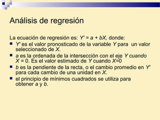 Análisis de regresión
La ecuación de regresión es: Y' = a + bX, donde:
 Y' es el valor pronosticado de la variable Y para un valor
seleccionado de X.
 a es la ordenada de la intersección con el eje Y cuando
X = 0. Es el valor estimado de Y cuando X=0
 b es la pendiente de la recta, o el cambio promedio en Y'
para cada cambio de una unidad en X.
 el principio de mínimos cuadrados se utiliza para
obtener a y b.
 