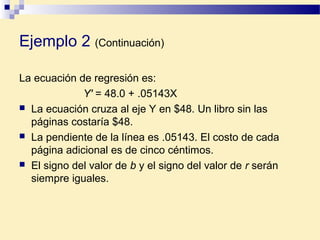 La ecuación de regresión es:
Y' = 48.0 + .05143X
 La ecuación cruza al eje Y en $48. Un libro sin las
páginas costaría $48.
 La pendiente de la línea es .05143. El costo de cada
página adicional es de cinco céntimos.
 El signo del valor de b y el signo del valor de r serán
siempre iguales.
Ejemplo 2 (Continuación)
 