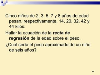Cinco niños de 2, 3, 5, 7 y 8 años de edad
pesan, respectivamente, 14, 20, 32, 42 y
44 kilos.
Hallar la ecuación de la recta de
regresión de la edad sobre el peso.
¿Cuál sería el peso aproximado de un niño
de seis años?
30
 