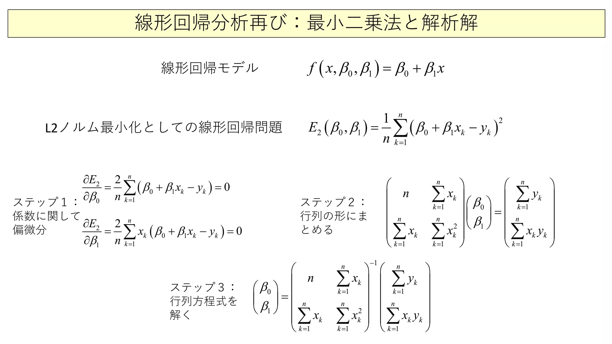 線形回帰分析再び：最小二乗法と解析解
( )0 1 0 1, ,f x xβ β β β= +
( ) ( )
2
2 0 1 0 1
1
,
1
k
k
n
kE x y
n
β β β β
=
−+= ∑
( )1
1
2
0
0
2
0k
k
k
n
E
x y
n
β β
β =
=
∂
∂
+ − =∑
( )0
1
2
1
1
2
0
k
k k k
n
E
x x y
n
β β
β =
∂
= +
∂
− =∑
0
2 1
1 1
1 1 1
n n
k
k k
n n n
k
k k
k k
k
k
k
n x y
x x x y
β
β
= =
= = =
   
       = 
    
   
   
∑ ∑
∑ ∑ ∑
ステップ１：
係数に関して
偏微分
ステップ２：
行列の形にま
とめる
ステップ３：
行列方程式を
解く
1
1 1
1 1 1
0
21
n n
k k
n n n
k k k
k k
k k k k
n x y
x x x y
β
β
−
= =
= = =
   
        = 
    
   
   
∑ ∑
∑ ∑ ∑
線形回帰モデル
L2ノルム最小化としての線形回帰問題
 