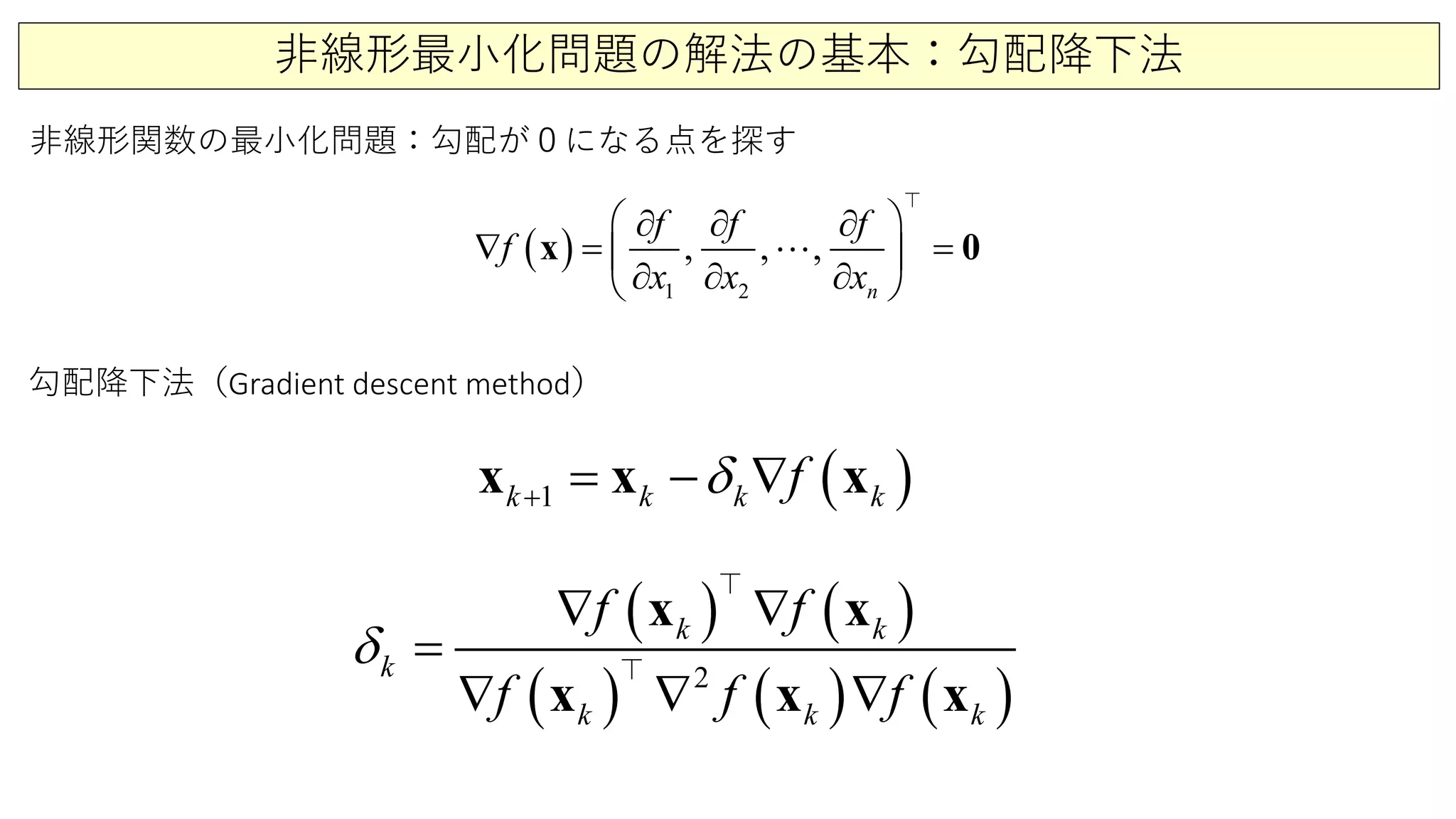 非線形最小化問題の解法の基本：勾配降下法
( )
1 2
, , ,
n
f f f
f
x x x
 ∂ ∂ ∂
∇= = 
∂ ∂ ∂ 
x 0

( )1k k k kfδ+= − ∇xx x
非線形関数の最小化問題：勾配が０になる点を探す
( ) ( )
( ) ( ) ( )2
k k
k
k k k
f f
f f f
δ
∇
=
∇
∇ ∇ ∇
x x
x x x


勾配降下法（Gradient descent method）
 