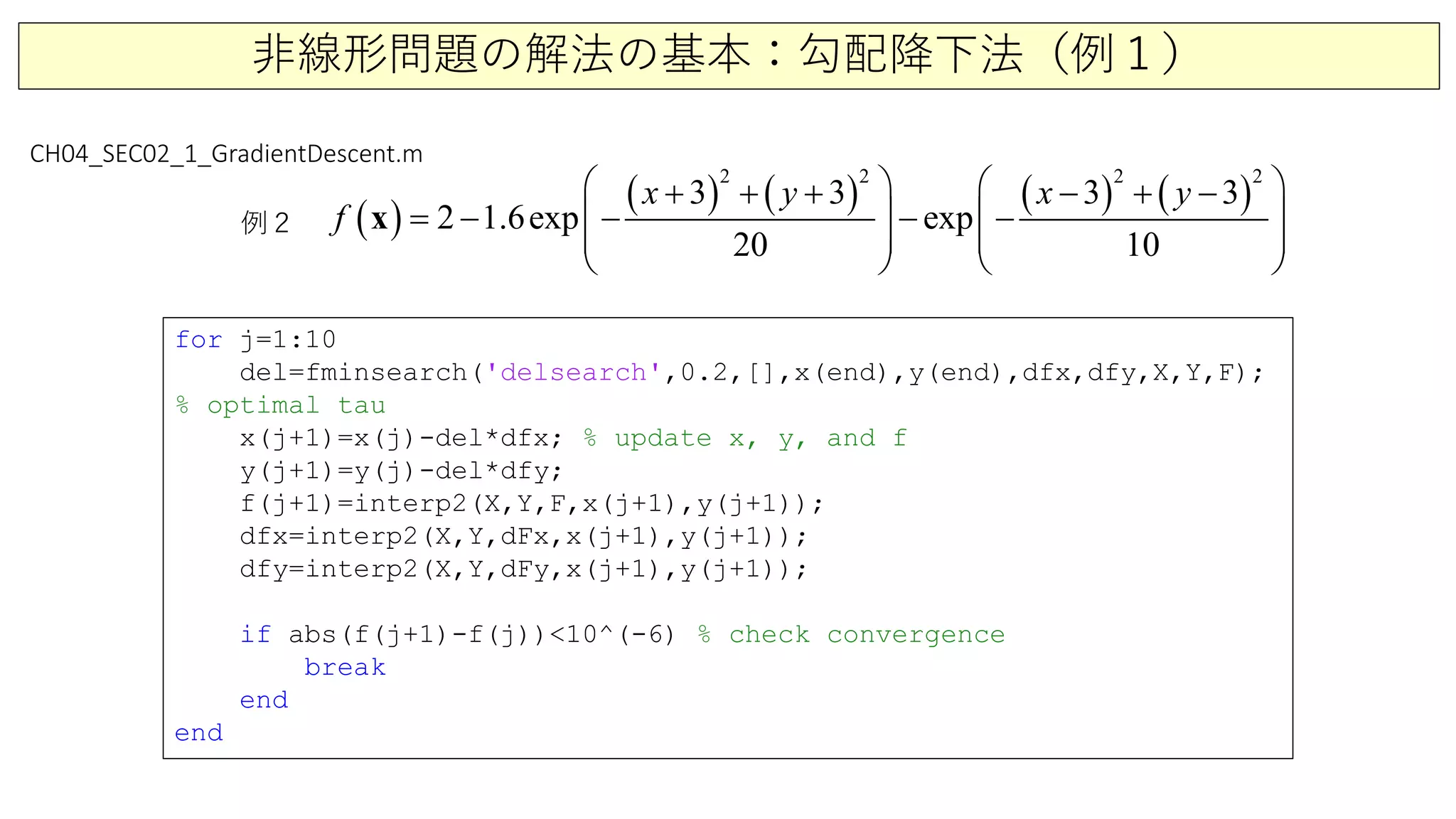 非線形問題の解法の基本：勾配降下法（例１）
for j=1:10
del=fminsearch('delsearch',0.2,[],x(end),y(end),dfx,dfy,X,Y,F);
% optimal tau
x(j+1)=x(j)-del*dfx; % update x, y, and f
y(j+1)=y(j)-del*dfy;
f(j+1)=interp2(X,Y,F,x(j+1),y(j+1));
dfx=interp2(X,Y,dFx,x(j+1),y(j+1));
dfy=interp2(X,Y,dFy,x(j+1),y(j+1));
if abs(f(j+1)-f(j))<10^(-6) % check convergence
break
end
end
CH04_SEC02_1_GradientDescent.m
例２ ( )
( ) ( ) ( ) ( )
2 2 2 2
3 3 3 3
2 1.6exp exp
20 10
x y x y
f
   + + + − + −
=− − − −   
   
   
x
 