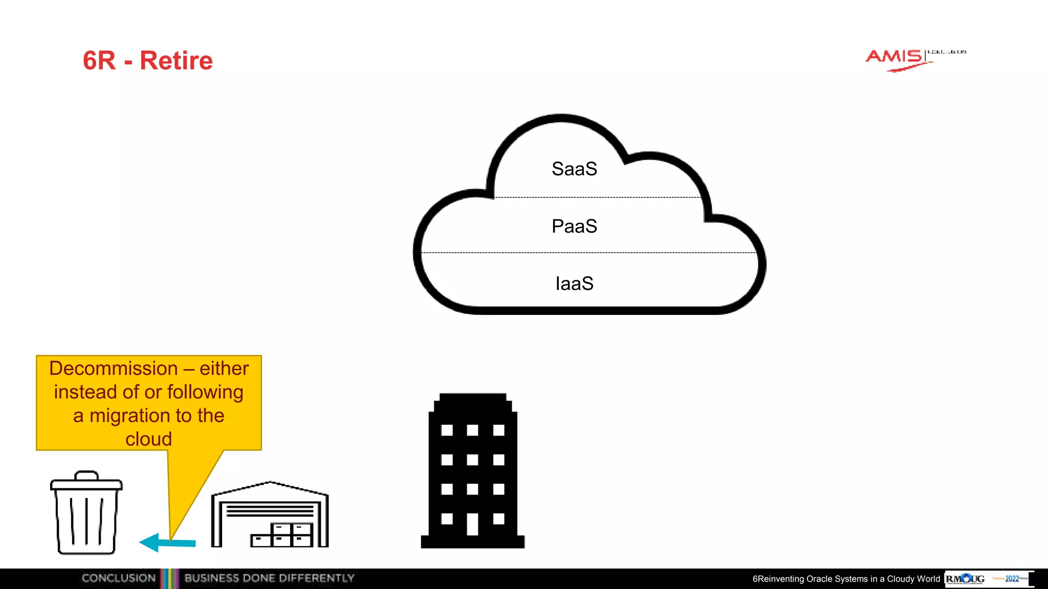 Publiek
6R - Retire
6Reinventing Oracle Systems in a Cloudy World
IaaS
PaaS
SaaS
Decommission – either
instead of or following
a migration to the
cloud
 