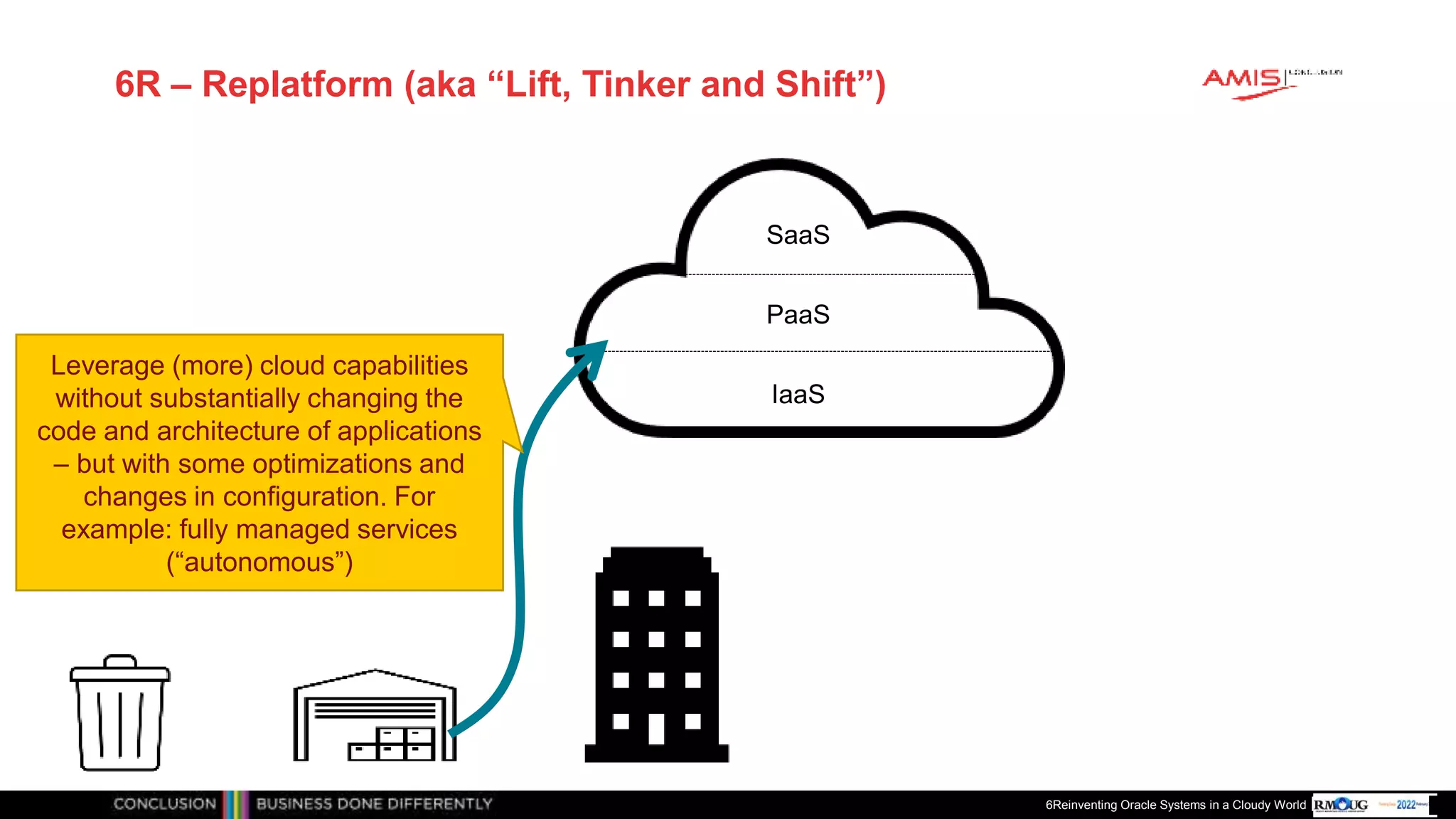 Publiek
6R – Replatform (aka “Lift, Tinker and Shift”)
6Reinventing Oracle Systems in a Cloudy World
IaaS
PaaS
SaaS
Leverage (more) cloud capabilities
without substantially changing the
code and architecture of applications
– but with some optimizations and
changes in configuration. For
example: fully managed services
(“autonomous”)
 