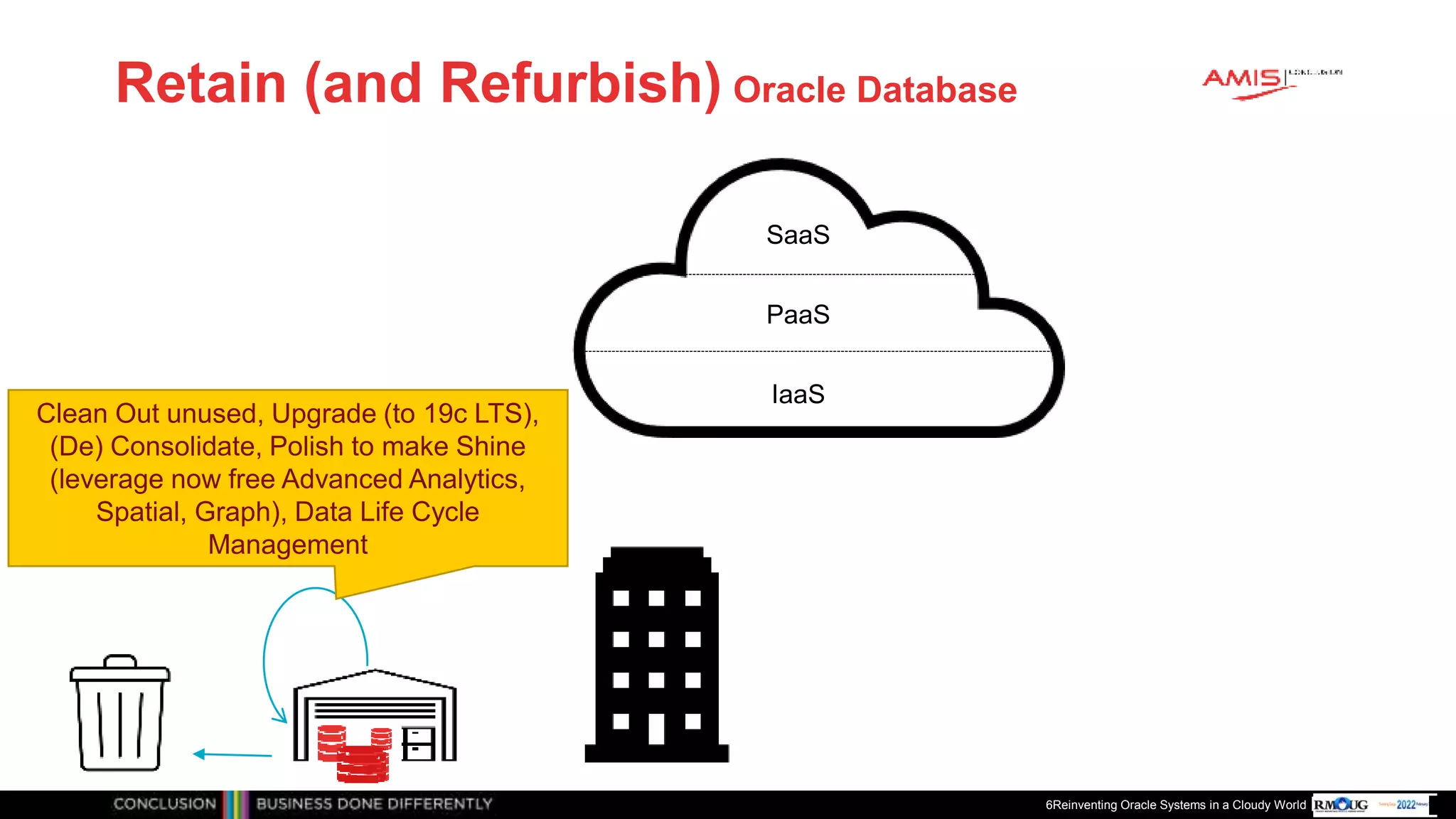 Publiek
Retain (and Refurbish) Oracle Database
6Reinventing Oracle Systems in a Cloudy World
IaaS
PaaS
SaaS
Clean Out unused, Upgrade (to 19c LTS),
(De) Consolidate, Polish to make Shine
(leverage now free Advanced Analytics,
Spatial, Graph), Data Life Cycle
Management
 