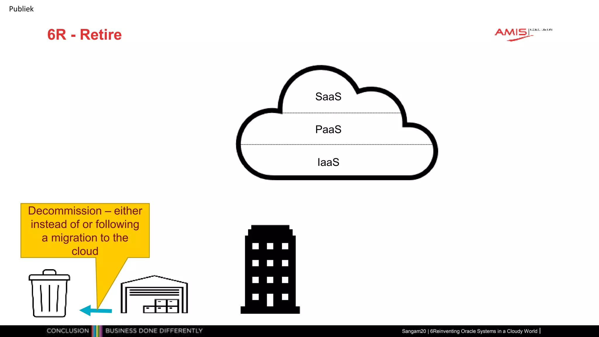 Publiek
6R - Retire
Sangam20 | 6Reinventing Oracle Systems in a Cloudy World
IaaS
PaaS
SaaS
Decommission – either
instead of or following
a migration to the
cloud
 